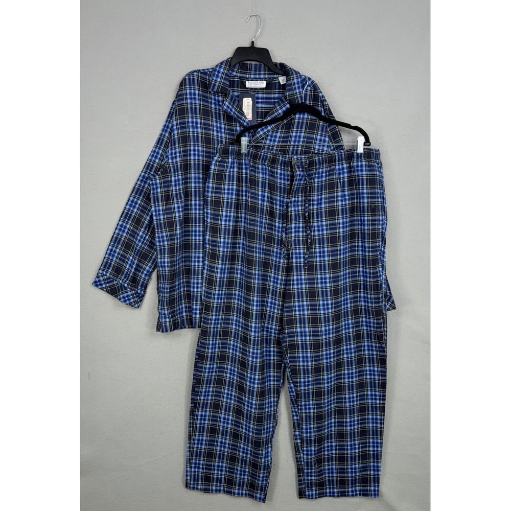 Roundtree & Yorke Pajama Set Mens XLT Blue Plaid Flannel 2 Piece Sleepwear Tall
